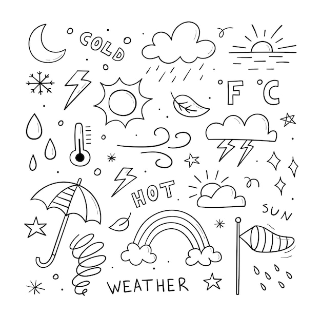 Вектор Набор иконок погоды ручной рисунок каракули содержит знак солнца облака снежинки ветер дождь луна молния и многое другое изолированы на белом фоне