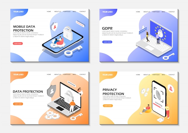 Webページのセット。データ保護、gdpr、プライバシー保護。スタートアップランディングページ。