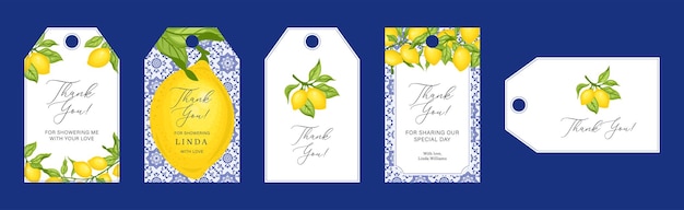 결혼식 신부 샤워 레이블 세트 레몬과 녹색 잎이 있는 파란색 타일 지중해 스타일