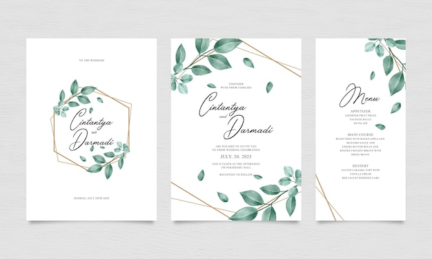 水彩画の葉と幾何学的なフレームと結婚式の招待状のテンプレートのセット