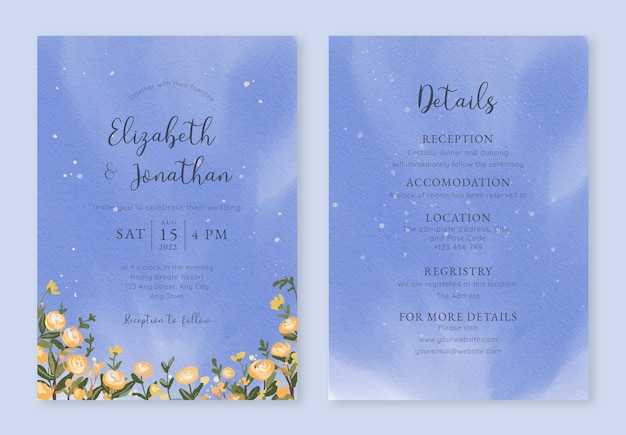 ベクトル 水彩の夜空と黄色いバラ畑の結婚式の招待状のセット