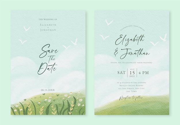 ベクトル 水彩の晴れた青い空とヒナギクの花畑と結婚式の招待状のセット