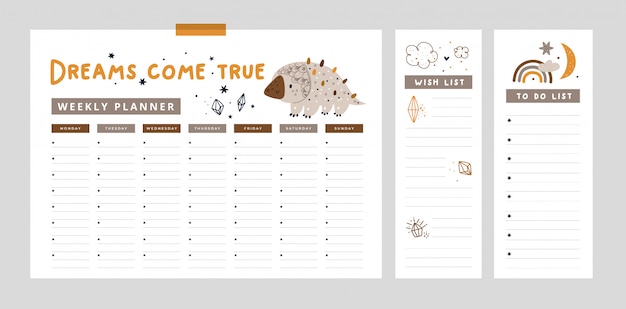 주간 플래너 세트, 귀여운 아기 공룡, 무지개와 함께 할 일 목록