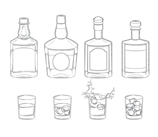 ウイスキーのボトルとグラスのドリンクとアイスキューブのセット。ビンテージアルコールバーメニュー要素を彫刻します。