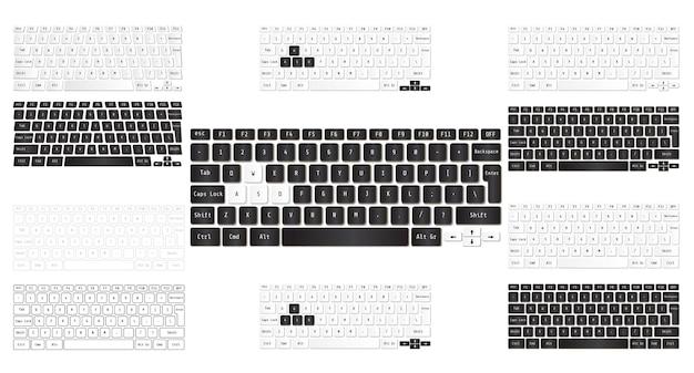 ベクトル 白と黒のモダンなラップトップキーボードとパソコンのセット。ベクトルイラスト。