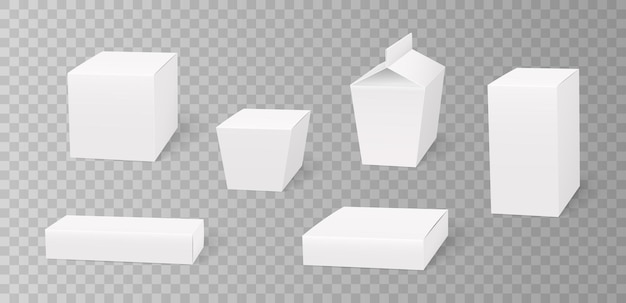 Набор белых картонных пакетов макет 3d изолированный шаблон для брендинга. упаковка для продуктов питания, подарков, косметики, лекарств. реалистичные векторные иллюстрации