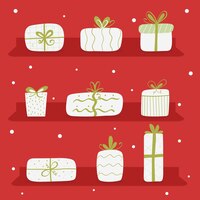 Вектор Набор белых подарочных коробок коллекция подарков красный фон плоский стиль каракули красочная упаковка уютно