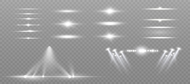 흰색 조명 스포트라이트 세트는 투명한 배경 벡터 빛나는 빛에 빛의 섬광