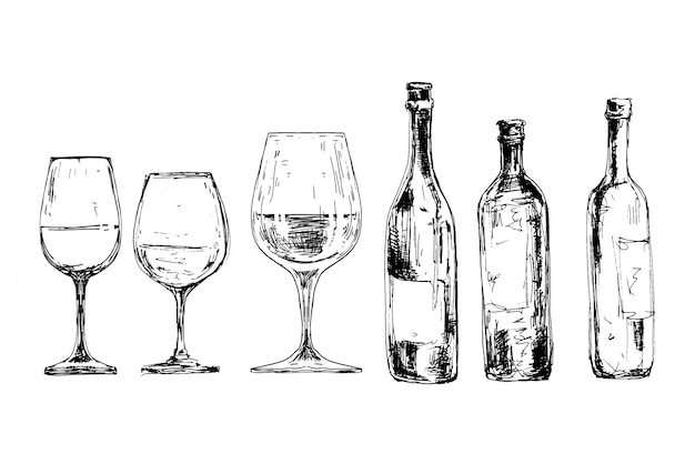 Вектор Набор винных бутылок и стаканов