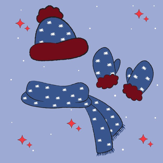 Вектор Комплект зимней одежды шарф шапка варежки вязаный теплый свитер каракулей зимней одежды