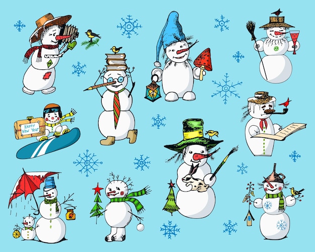 冬の休日のセット雪だるまビンテージスタイルのクリスマスまたは新年