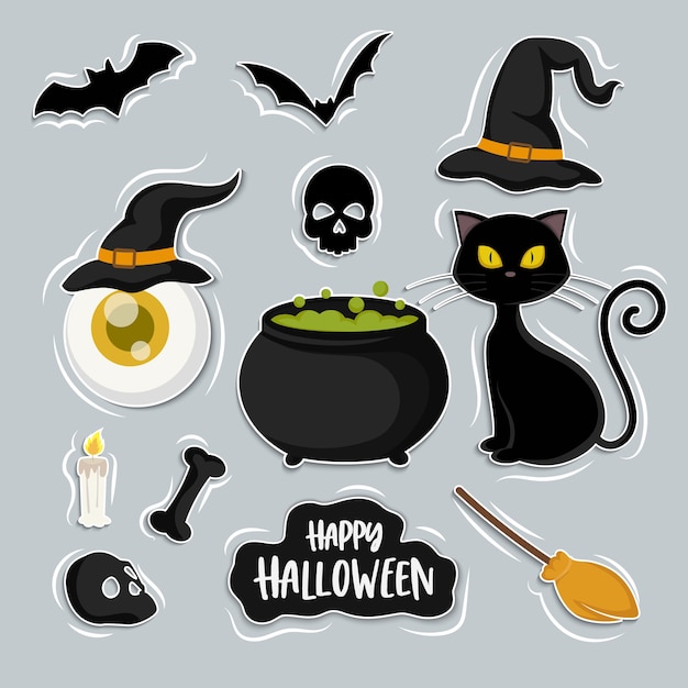 Набор ведьм и кошек, набор элементов хэллоуина, изолированные на фоне