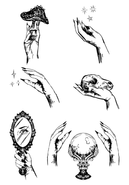 마녀 손 세트 마법사 손 보유 두개골 거울 유독한 버섯 마법의 수정 구슬 스케치 벡터 컬렉션 할로윈 미스터리 클립 아트 흰색 절연