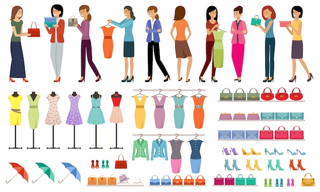 Вектор Набор женщин с покупками в магазине одежды и обуви