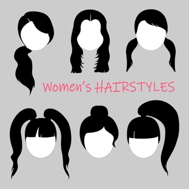 ベクトル 女性の様々 なトレンディなヘアスタイル デザイナー キットのセット美容院のフラット ベクトル モダンなヘア スタイリング黒シルエット要素