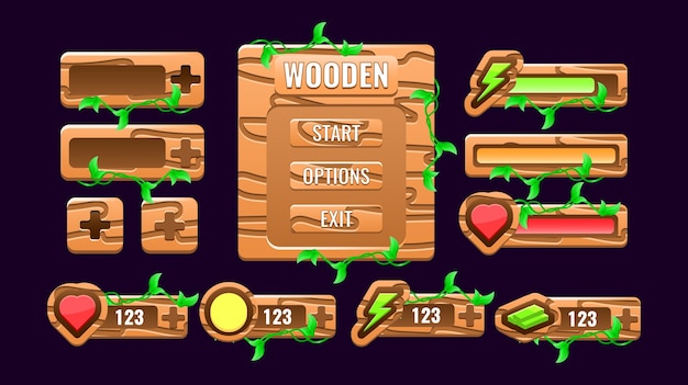 Вектор Набор деревянных элементов интерфейса игры о природе, всплывающий интерфейс, панель, дополнительная панель и графический интерфейс