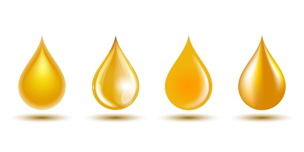 ベクトル 白い背景で隔離の黄色の滴のセット。ガソリン、食用油、蜂蜜、天然液体のシンボルの。