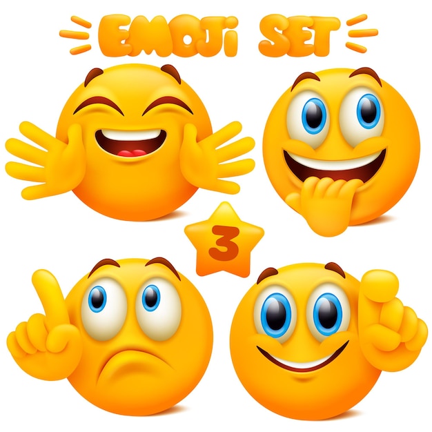 Вектор Набор желтых значков emoji смайлик мультипликационный персонаж с разными выражениями лица в 3d стиле изолированы