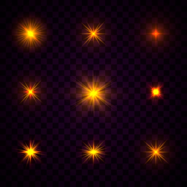 옐로우 골드 빛나는 빛의 세트는 투명 한 배경에서 폭발. 반짝이는 마법의 먼지 입자. 밝은 별 투명한 빛나는 태양, 밝은 플래시. 먼지와 스파클 절연 버스트.