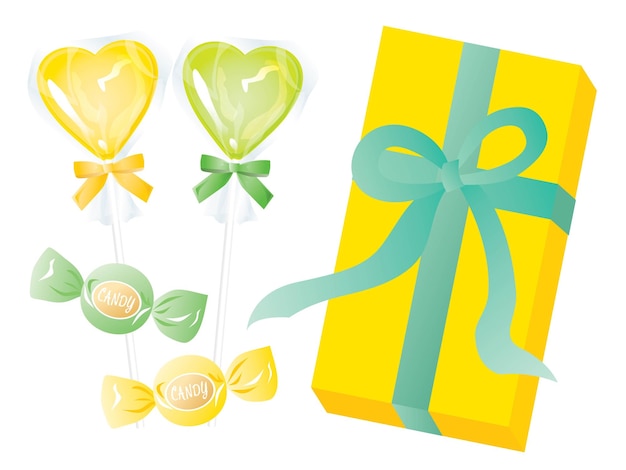 Набор желтых конфет в форме сердца для белого дня и коробка с лентой