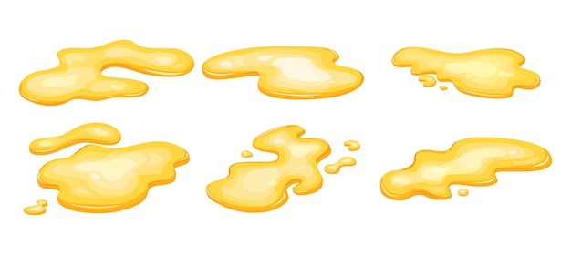 노란색 웅덩이 기름 액체 금 꿀 유출의 집합 만화 벡터 일러스트 레이 션에서 절연 주스 드롭