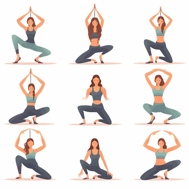 Vettore set di posizioni di yoga per giovani donne che fanno esercizi di yoga
