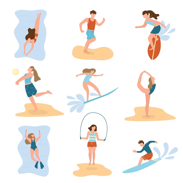 Набор молодых людей на различных пляжных мероприятиях, летний спорт, время отдыха