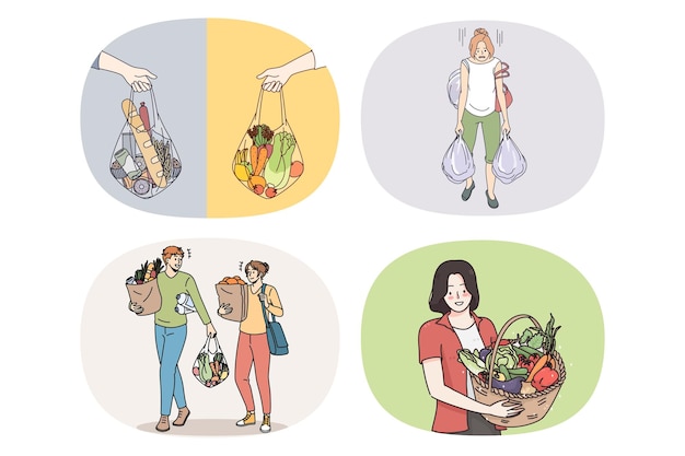 スーパーマーケットで食料品の買い物をするバッグを持った若者のセット食料品店で商品を購入する男性と女性の束は健康的なライフスタイルに従います食事と栄養食事の配達ベクトル図