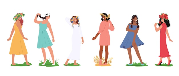 Набор молодых женщин с цветочными коронами на головах изолированные женские персонажи носят красивые летние платья