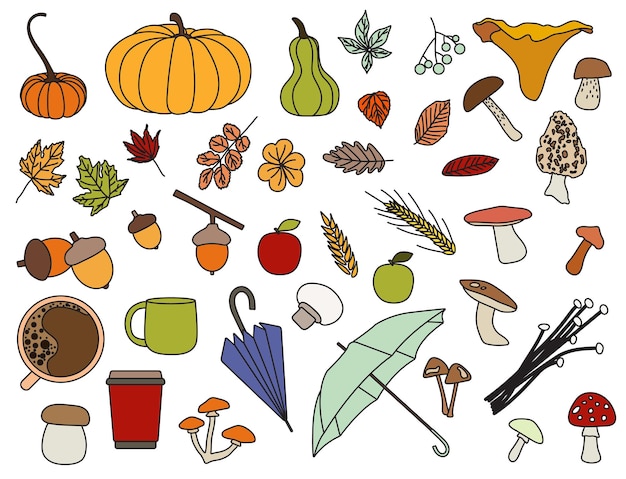 Vector a set ofautumn harvest elements on white nackground in flat for icons webs posters