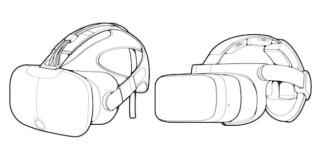 Partire vettore di disegno del contorno delle cuffie per realtà virtuale cuffie per realtà virtuale disegnate in una linea nera in stile schizzo illustrazione del vettore di contorno del modello delle cuffie per realtà virtuale