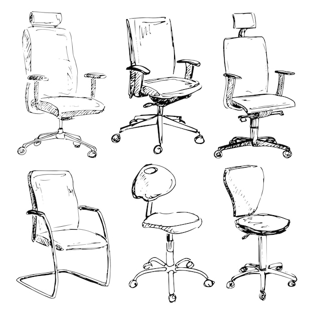 Набор офисных стульев, изолированных на белом фоне Эскиз различных стульевВекторная иллюстрация