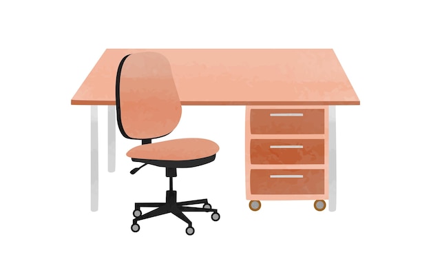 Set of office desk and office chair clipart. Working desk and swivel chair watercolor. Office table