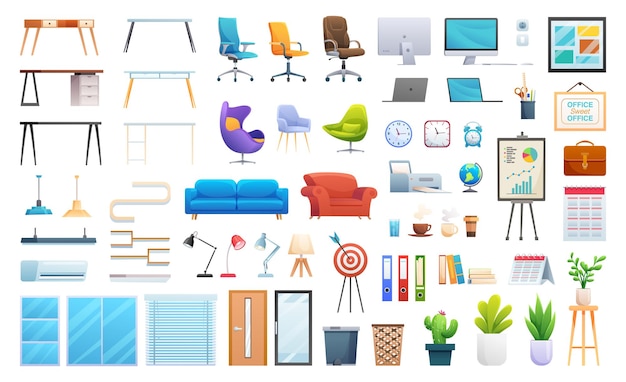 Set of office furniture and equipment cartoon icon isolated on white background