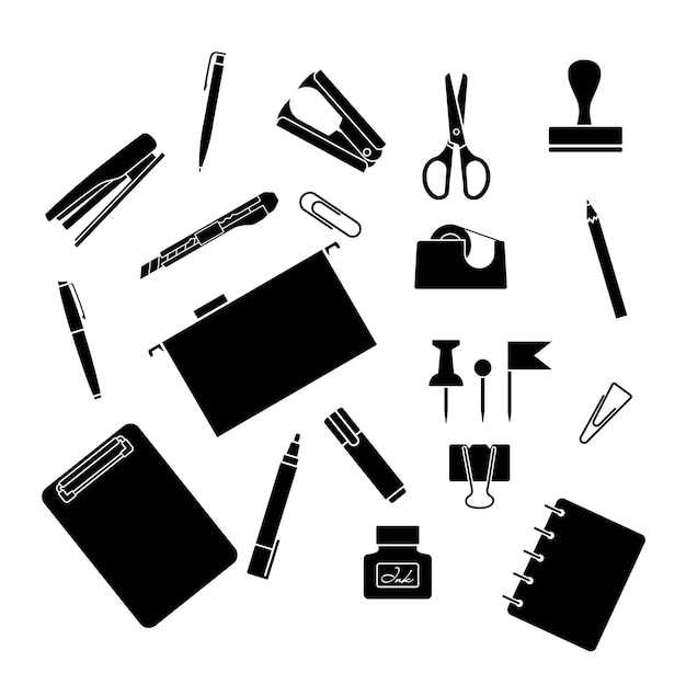 Set of office supplies silhouette flat icon vector isolated on white background Office supplies