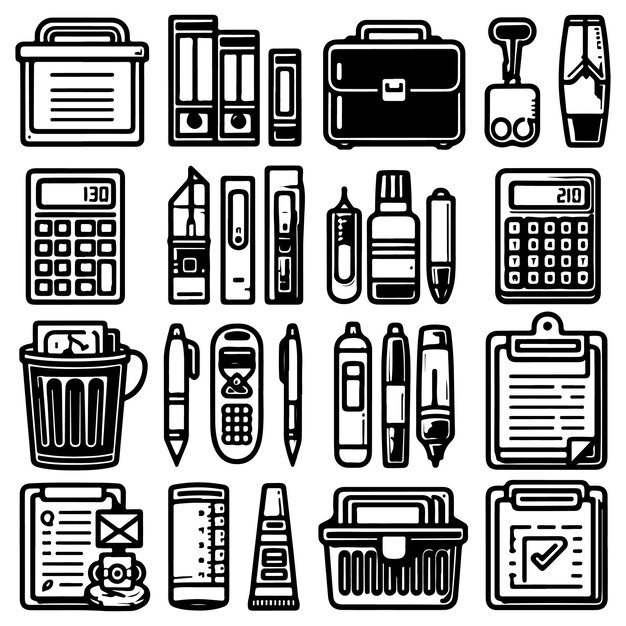 set of Office Supply Icons Outline stock illustration Filing Cabinet Vector Highlighter Calcula