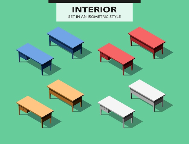 Set of office tables in isometric style. Vector