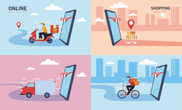 Set ofo pictogrammen bezorgservice, transport en logistiek van digitaal winkelen