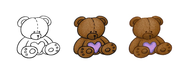 Vector set of oil color hand drawn teddy bear with heart