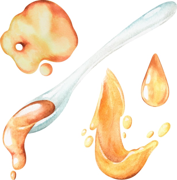 Вектор Установите масло масло льется из капли масляного пятна ложки акварельная иллюстрация