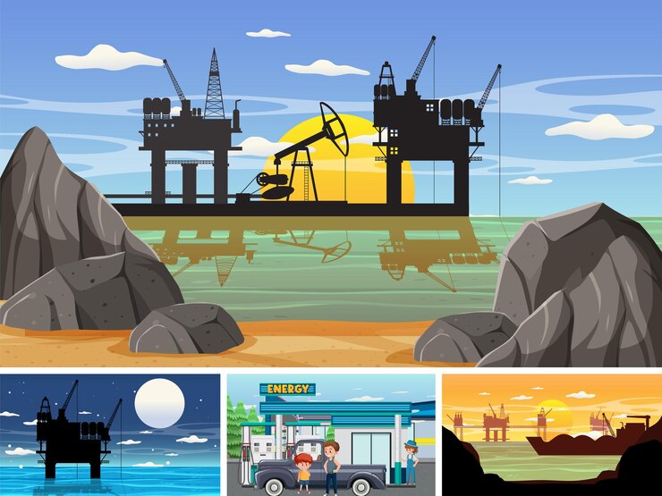 Vector set of oil petrol and gas relevant scene