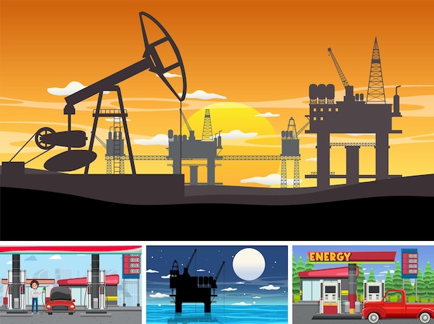 Vector set of oil petrol and gas relevant scene