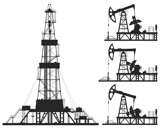 Set of oil pumps and rig silhouettes isolated on white. detail vector illustration.