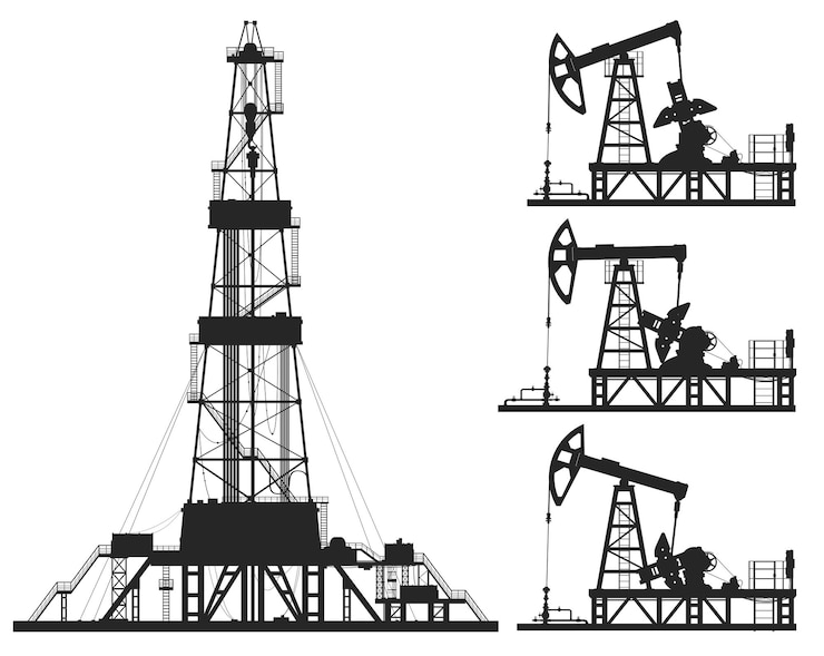 Vector set of oil pumps and rig silhouettes isolated on white. detail vector illustration.