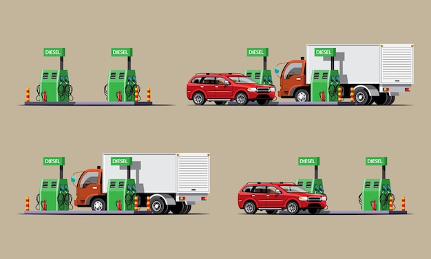 Set di stazioni petrolifere, automobili e camion