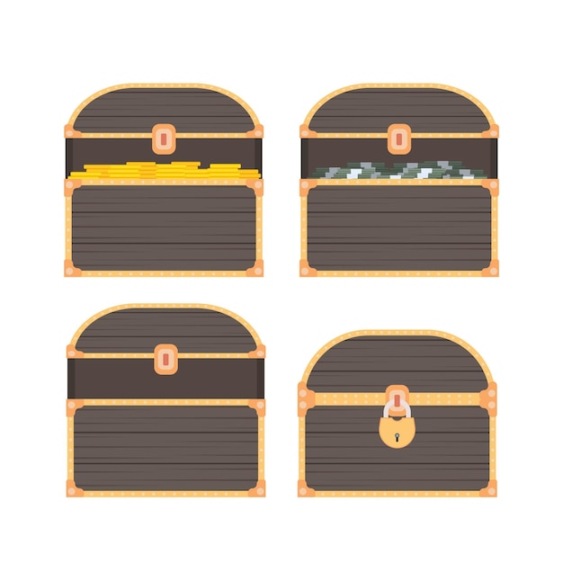 Vector set of old chests with money. open and closed old chest in flat style. vector.