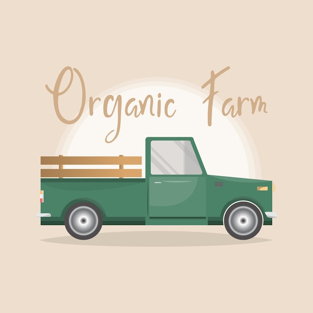 Vector set of old retro pickup truck delivery inside farm