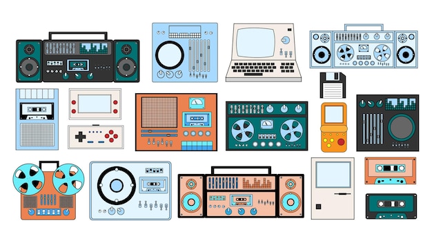 Vector set of old retro vintage hipster tech electronics cassette audio tape recorder computer game