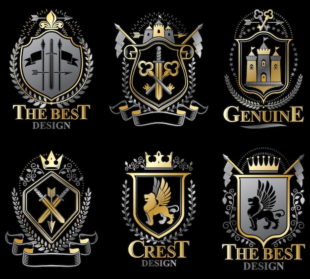 set of old style heraldry vector emblems, vintage illustrations decorated with monarch accessories, towers, pentagonal stars, weapon and armory. coat of arms collection.