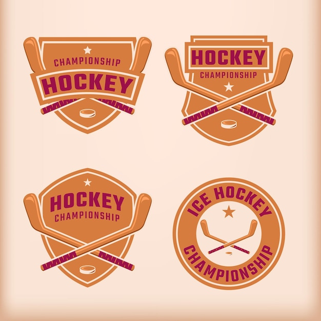 Set old style logo hockey icon and classic color vintage on light pink background